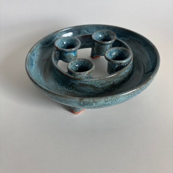 Vintage Handmade Aqua Blue Ceramic 4 Candlestick Holder | Candelabra - Picture 3 of 5